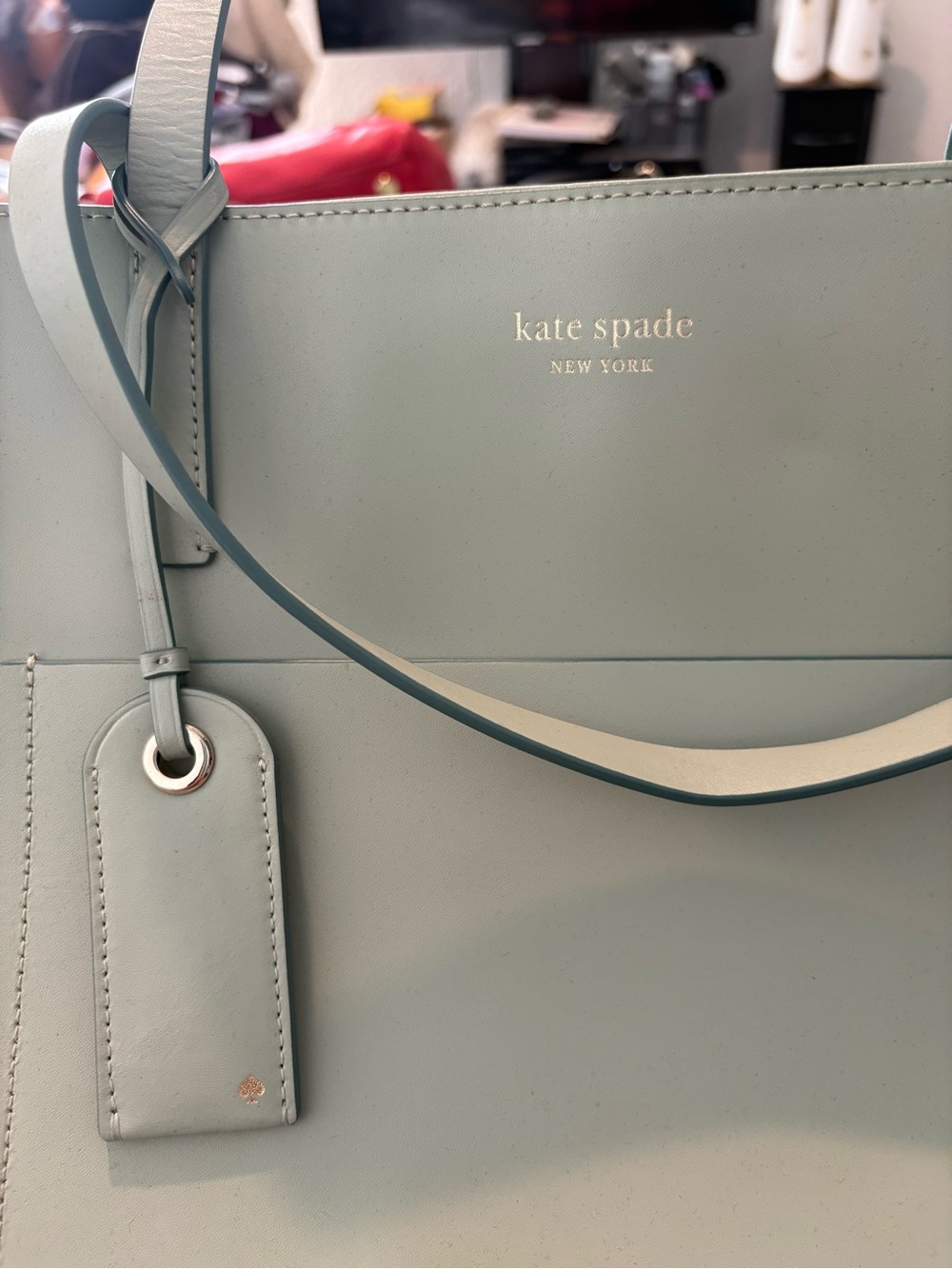 kate spade mint green leather tote with front pocket - Picture 2 of 7